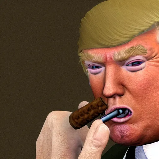 Prompt: gta v closeup Donald Trump holding cigar in his teeth, wearing badly stained white singlet