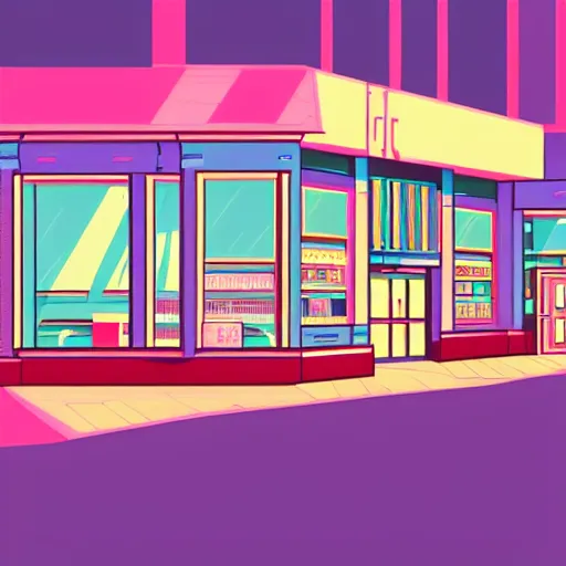 Prompt: art deco vaporwave illustration of a gaming store in a mall in pastel colors