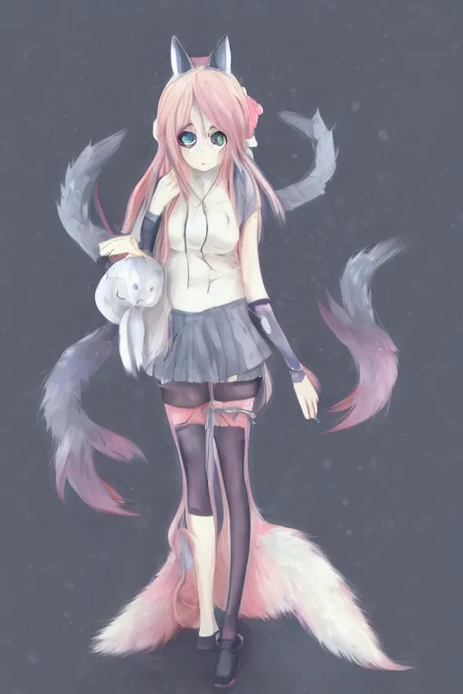 Image similar to an anime girl with fox ears and tail, trending on pixiv, by kawacy