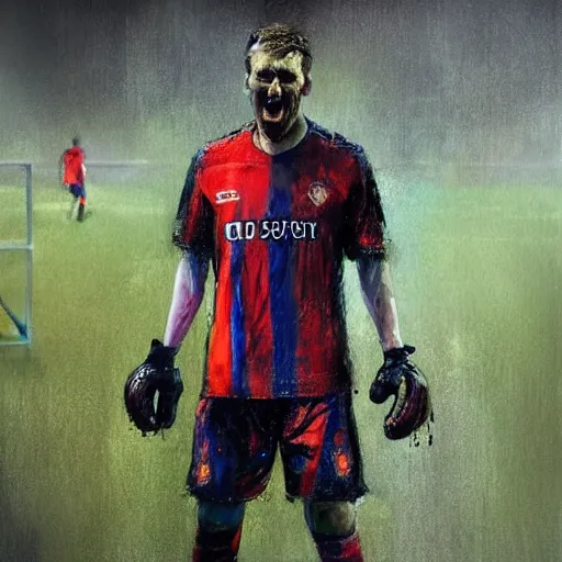 Image similar to A realistic hyperdetailed multi-colored digital oil full body portrait painting of a goal keeper crying on a soccer field in the style of Guy Denning, Ruan Jia, and Craig Mullins. Trending on ArtStation and DeviantArt. CGSociety Digital art.