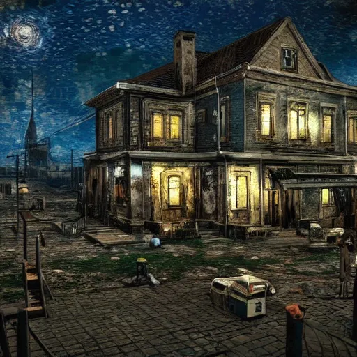 Prompt: resident evil 8 environment in the style of van gogh