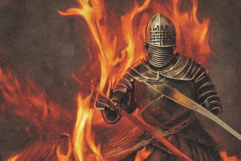 Prompt: photo of a medieval knight holding a sword in flames, award winning, ultradetailed