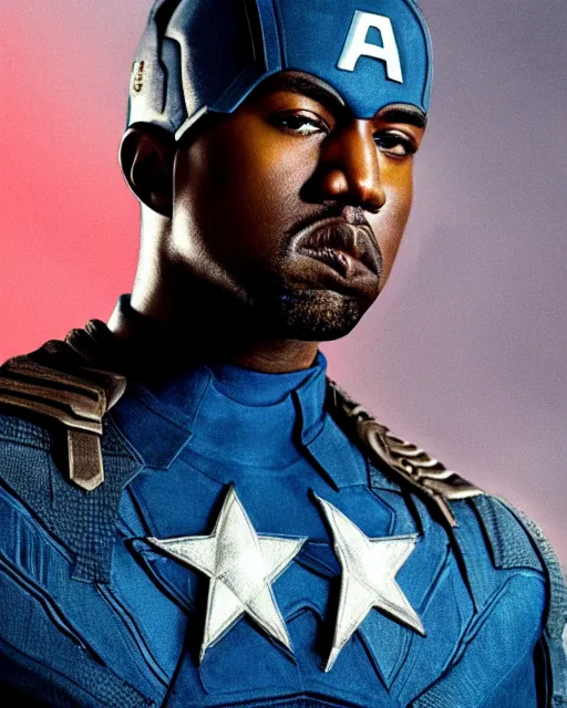 Image similar to film still close - up shot of kanye west as captain america from the movie captain america : the first avenger. photographic, photography