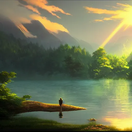 Prompt: beautiful lakeside scene with forest and mountains and birds in the air, sunbeams colorful foggy by makoto shinkai, ross tran