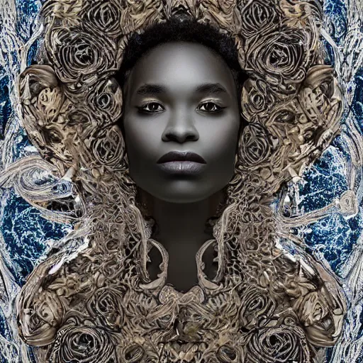 Image similar to portrait of an enchanted being, half human half divine african american goddess of chill, ultra detailed, ornate, organic, haute couture black roses and seaweed, under water, full body, upper light, symmetrical face, hyperrealistic