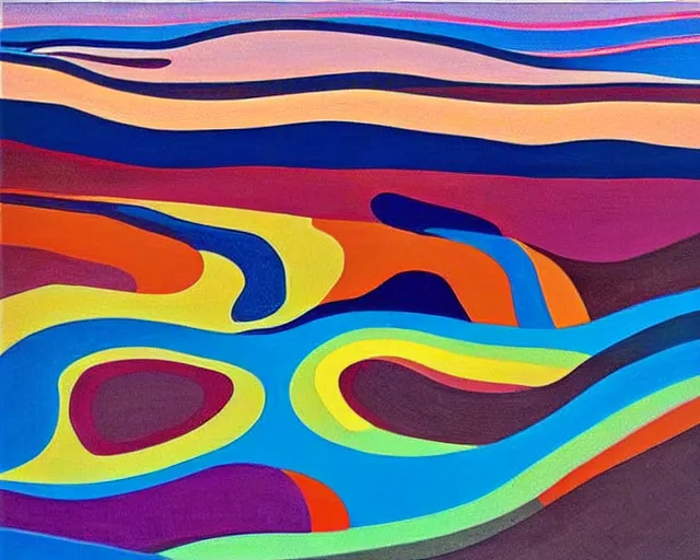 Image similar to A wild, insane, modernist landscape painting. Wild energy patterns rippling in all directions. Curves, organic, zig-zags. Saturated color. Mountains. Clouds. Rushing water. Waves. Wayne Thiebaud. Lisa Yuskavage landscape.