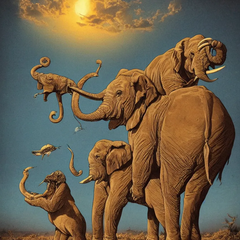 Prompt: elephant, lion, and fish strange anatomy in a desert at night. pulp sci - fi art.