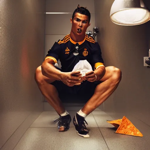 Image similar to cristiano ronaldo eating from doritos in the toilet, cinematic composition, 4 k, movie still