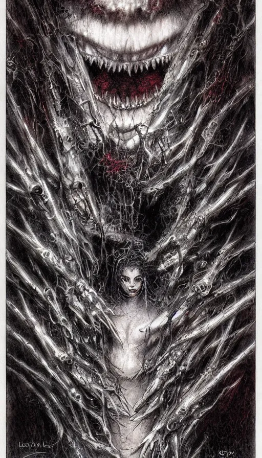 Image similar to a storm vortex made of many demonic eyes and teeth, by luis royo,