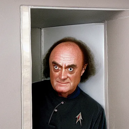 Image similar to portrait of Klingon Chancellor Gowron as he inspects a 2 inch round hole in the wall of the bathroom stall at a gas station