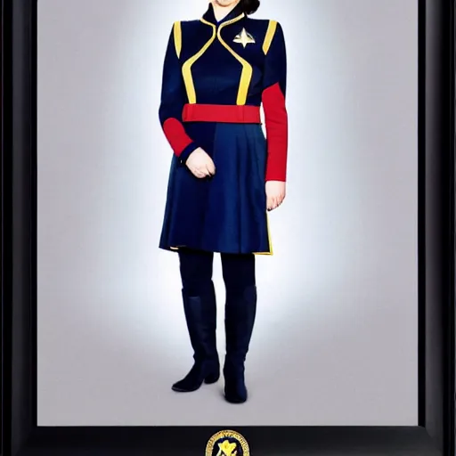 Image similar to a beautiful full body photograph of younger hayley atwell as a star fleet officer from star trek next generation, full dress uniform, symmetrical face, extreme realism and detail, 8 k, completely framed, direct lighting, 3 5 mm photo, photorealistic, sharp focus