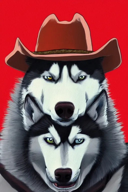 Image similar to a portrait painting of a husky in cowboy costume, wearing a cowboy hat, by [ studio ghibli ], in the style of anime, [ red dead ], trending on artstation