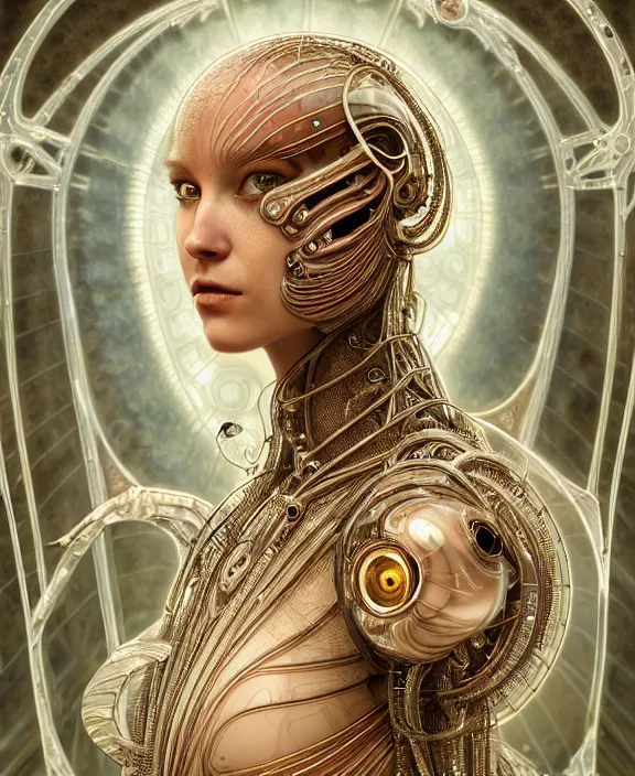 Image similar to intricate ornate opulent transparent clear see - through portrait of a cybernetic beautiful alien nautilus, mottled coloring, adorable, childlike, apocalyptic environment, ultra realistic, concept art, art nouveau, photorealistic, octane render, 8 k, unreal engine. art by christopher marley and artgerm and greg rutkowski and alphonse mucha