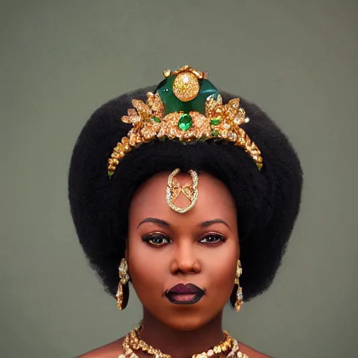 Image similar to An ethnically african duchess with an updo wearing an emerald dress and gold jewelry, fantasy character portrait