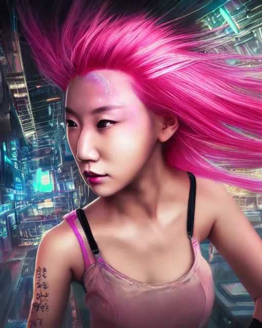 Image similar to portrait of a beautiful asian woman with pink hair as a cyberpunk cyborg, sci - fi, missing panels, intricate abstract upper body intricate artwork, concept art, octane render, deviantart, cinematic, key art, hyperrealism, iridescent accents, portrait photograph, nikon 3 5 mm, photograph by annie leibovitz and steve mccurry, greg rutkowski