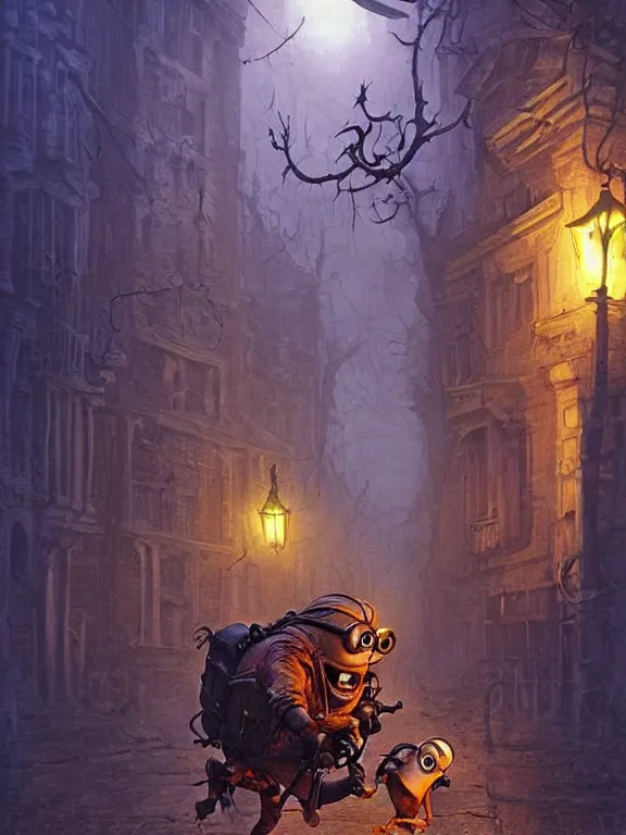 Image similar to lots of scary Minions chasing me at night,dark street,dim light,realistic,by Alex Horley,Heather Theurer,aaron horkey,Greg Rutkowski,trending on pinterest,full of color,cinematic,cinematic lighting