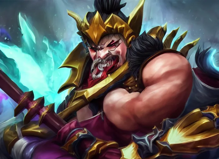 Image similar to champion splashart of Draven holding a draven and doing draven things