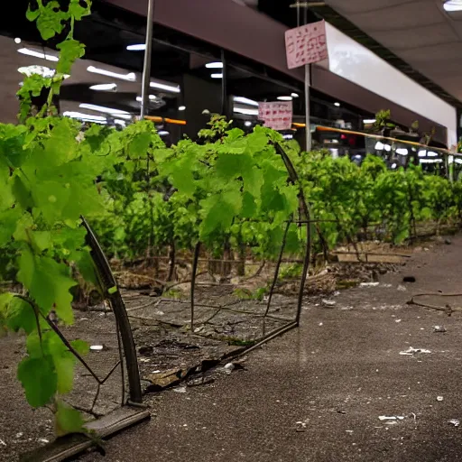 Image similar to a ransacked grocery store, broken signs, filthy flooring. Vines growing. Dystopian. Grainy. Award-winning photo. Sigma 40mm f/1.4 DG HSM