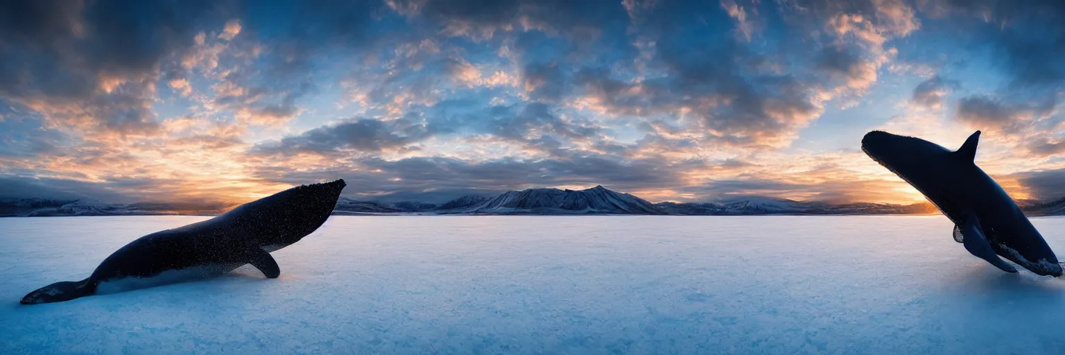 Prompt: amazing landscape photo of a large whale underneath transparent frozen lake at sunset by marc adamus beautiful dramatic lighting