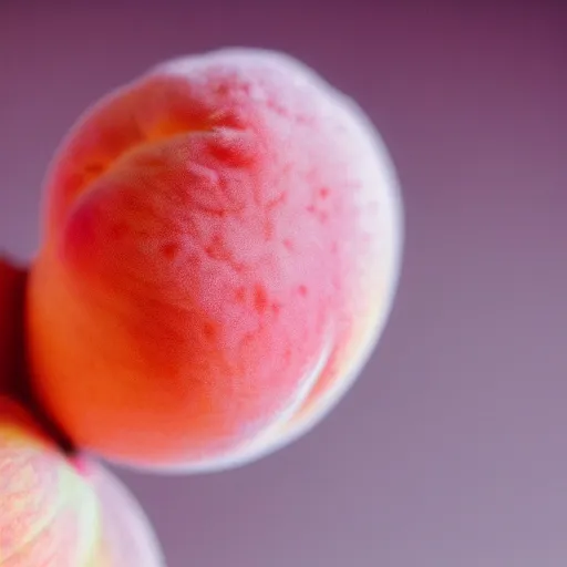 Image similar to a macro photo of a round peach's dry hairy skin, hyper realistic, hyper detailed, 35mm, very grainy film, pink volumetric studio lighting, bokeh, black background award winning shot, vogue magazine, cinematic, 8k, very closeup, elegant, tender, pastel