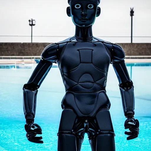 Image similar to a realistic detailed photo of a guy who is an attractive humanoid who is half robot and half humanoid, who is a male android, soccer player martin ødegaard, shiny skin, posing like a statue, blank stare, by the pool, on display, showing off his muscles, humanoid robot, frozen ice statue