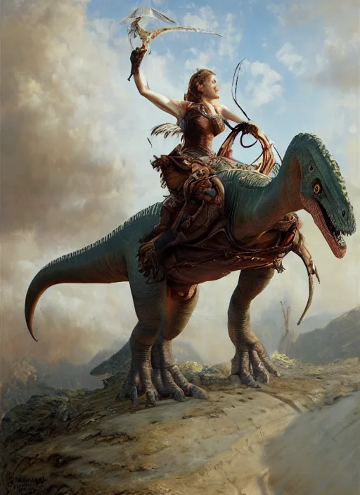 Prompt: portrait of woman riding! a dinosaur. extreme fine detail background, highly detailed, detailed eyes, high quality, digital painting, hyperrealistic, by gaston bussiere, j. c. leyendecker, craig mullins