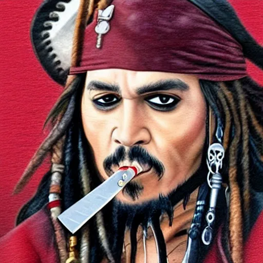 Prompt: jack sparrow with a blunt in his mouth