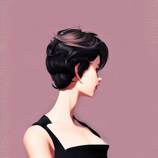 Image similar to girl in tuxedo with black chaotic wavy short haircut, elegant, 2d, ultra highly detailed, digital painting, smooth, sharp focus, artstation, art by Ilya Kuvshinov and Range Murata