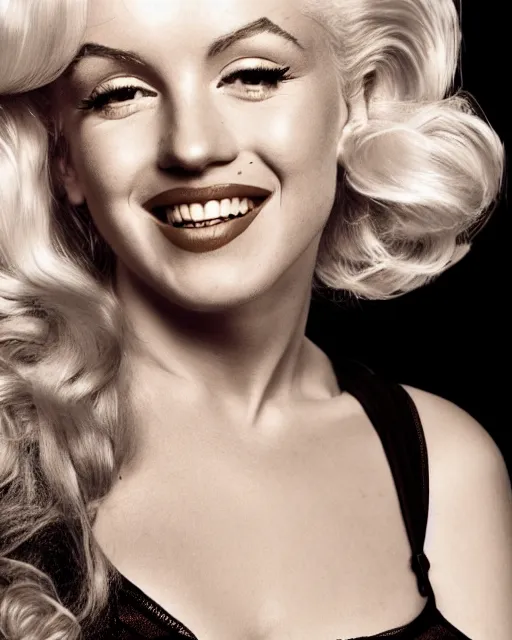 Image similar to Beautiful Head and shoulders portrait of smiling flirty seductive Marilyn monroe with platinum blonde hair, wearing a camisole by arney freytag, artstation, 35mm, fashion photoshoot, laying on a bed in a photo studio, golden hour, bokeh, rim lighting, fashion pose, octane, 4k