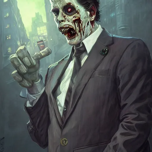 Prompt: a zombie in a business suit, artists portrait, fantasy, highly detailed, digital painting, concept art, sharp focus, depth of field blur, illustration, art by artgerm and greg rutkowski and alphonse mucha