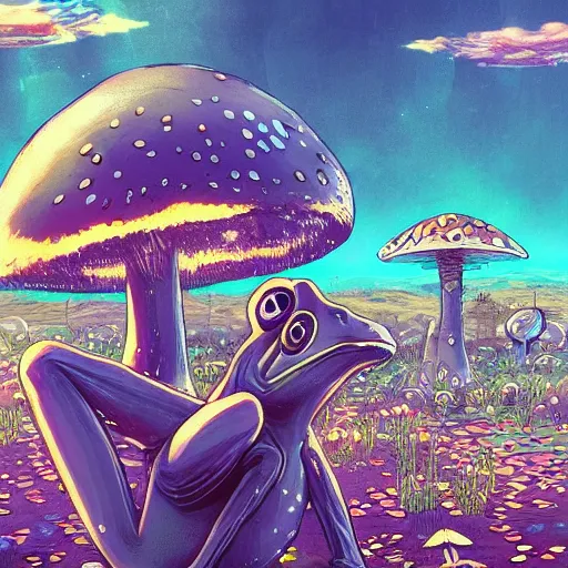 Image similar to A close up portrait of a dignified psychedelic godlike anthropomorphic frog smoking an anime blunt , magic mushroom village in background . award winning. superb resolution. in the art style of junji Ito and greg rutkowski . Detailed Mushroom city in background. Hyper realistic anime. Perfect art. Dalle2