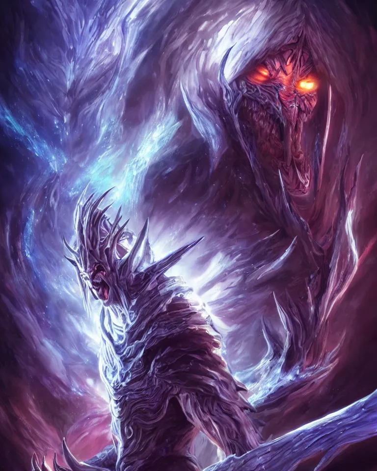 Image similar to beautiful cinematic fantasy poster, demon king of ice, beautiful glowing galaxy eyes, hybrid from The Elden Ring and art direction by Darius Zawadzki ;by artgerm; wayne reynolds art station; cinematic quality character render; low angle; ultra high quality model; production quality cinema model;