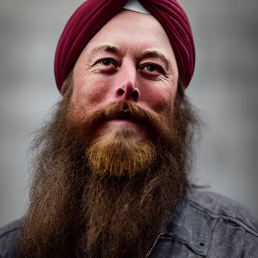 Prompt: a portrait elon musk wearing a long beard and a turban joining the taliban, fine details, close up, 8 k photography, depth of field, bokeh. i