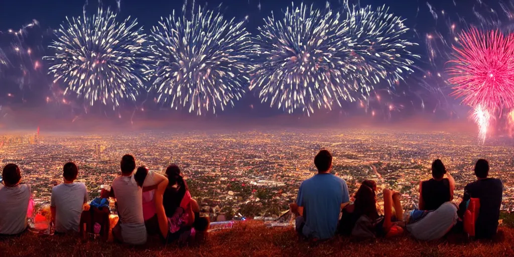 Image similar to people sitting on a hill watching fireworks over los angeles, artstation, vivid colors, detailed