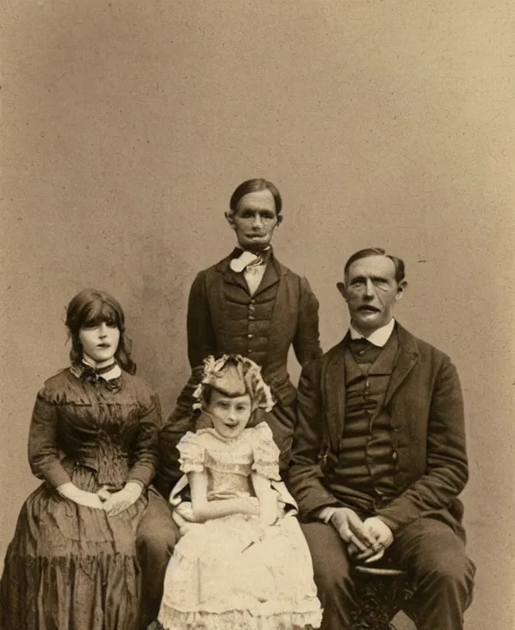 Image similar to a sepia photograph of a smiling victorian era family. in the background there is a strange and menacing steampunk cyborg