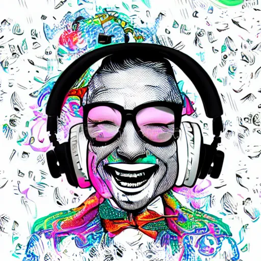 Prompt: artgerm, psychedelic laughing turtle, rocking out, headphones dj rave, digital artwork, r. crumb, svg vector