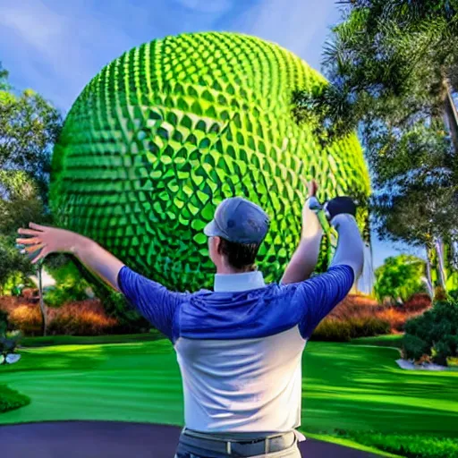 Prompt: a giant playing teeing up a shot in golf using the spaceship earth attraction at epcot in real life, highly detailed, extremely high resolution, ultra realistic