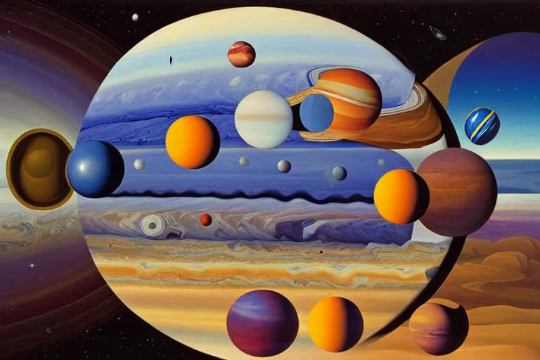 Prompt: the planets jupiter and saturn by kaws, james jean and salvador dali and shusei nagaoka, oil on canvas, surrealism, neoclassicism, renaissance, hyper realistic, cell shaded, 8 k
