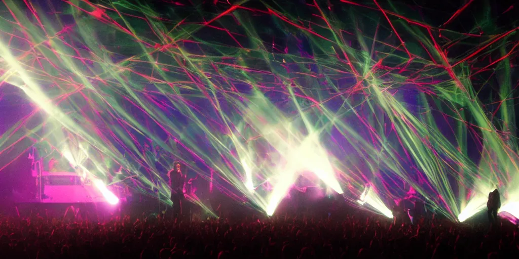 Image similar to Thom Yorke singer songwriter, Radiohead group of people on stage playing instruments, elaborate stage effects, dust, smoke, giant LED screens, colored projections, ultrafine detail, glowing thin wires, smoke, high contrast, projections, a screenshot by David Gilmour Blythe, holography, tesseract, volumetric lighting, anamorphic lens flare