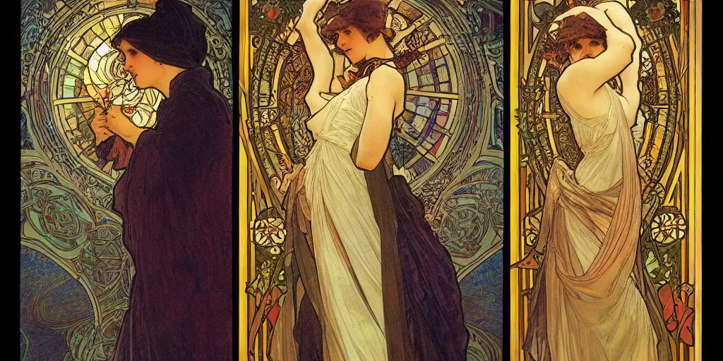 Prompt: the longest night, mondenkind holding a candle, art triptych by alphonse mucha, three intricate stained glass windows