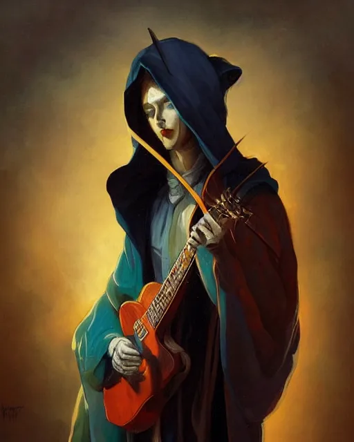 Image similar to colorful baroque portrait of a shadowy man wearing a hooded cloak, playing a guitar, gallery art by peter mohrbacher, artstation, artgate