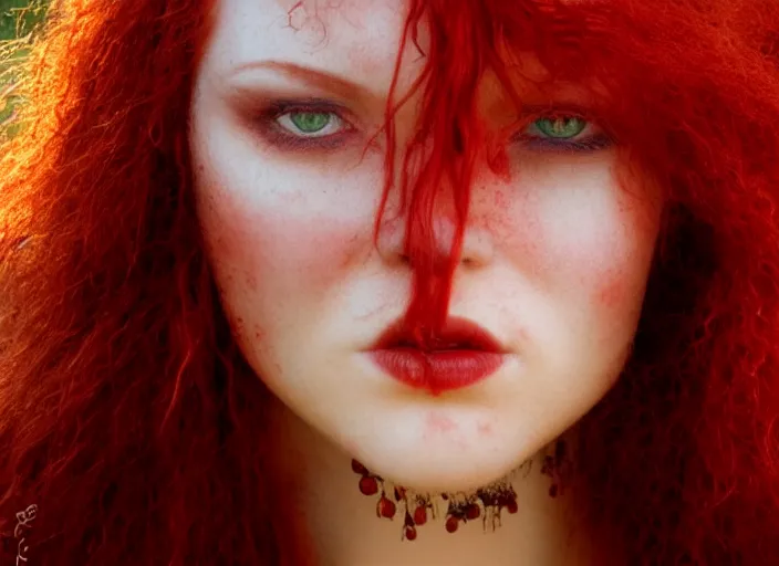 Image similar to award winning 5 5 mm close up face portrait photo of a redhead with blood - red wavy hair and intricate eyes that look like gems, in a park by luis royo