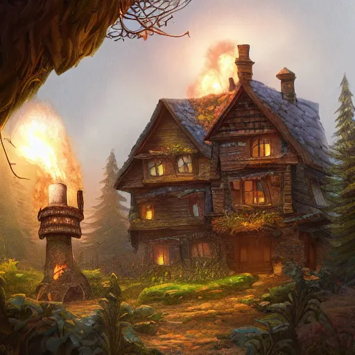 Prompt: a detailed illustration idyllic the house with smoke coming out of the chimney in the forest scene by Justin Gerard, trending on artstation, cgsociety, deviantart