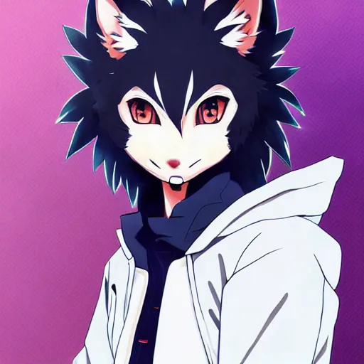 Image similar to key anime visual portrait of an anthropomorphic anthro wolf fursona, in a jacket, with handsome eyes, official modern anime art