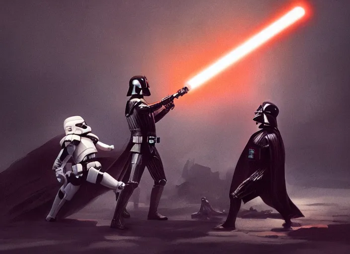 Image similar to a Photorealistic dramatic hyperrealistic render of darth vader with lightsaber drawn facing off against a calm cute corgi in battle, futuristic star wars vibe, by WLOP and Artgerm and Greg Rutkowski and Alphonse Mucha, Beautiful dynamic dramatic dark moody lighting, shadows, cinematic atmosphere, Artstation, concept design art, Octane render, 8K, masterpiece, sharp focus