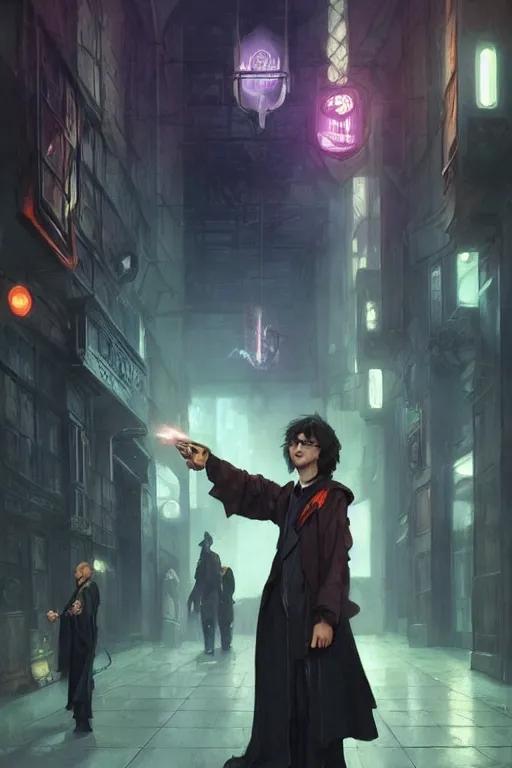 Image similar to Harry Potter in cyberpunk, implants, neon lighting, digital art from artstation by Ruan Jia and Mandy Jurgens and Artgerm and william-adolphe bouguereau and Greg Rutkowski