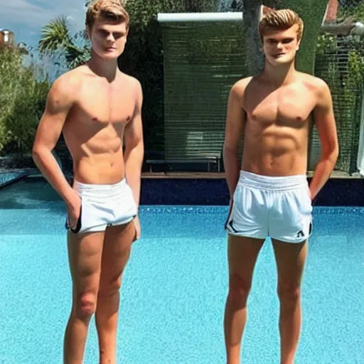 Prompt: a realistic detailed photo of a guy who is an attractive humanoid who is half robot and half humanoid, who is a male android, soccer players martin ødegaard & timo werner, shiny skin, posing like a statue, blank stare, by the pool, on display, showing off his muscles, many copies of them