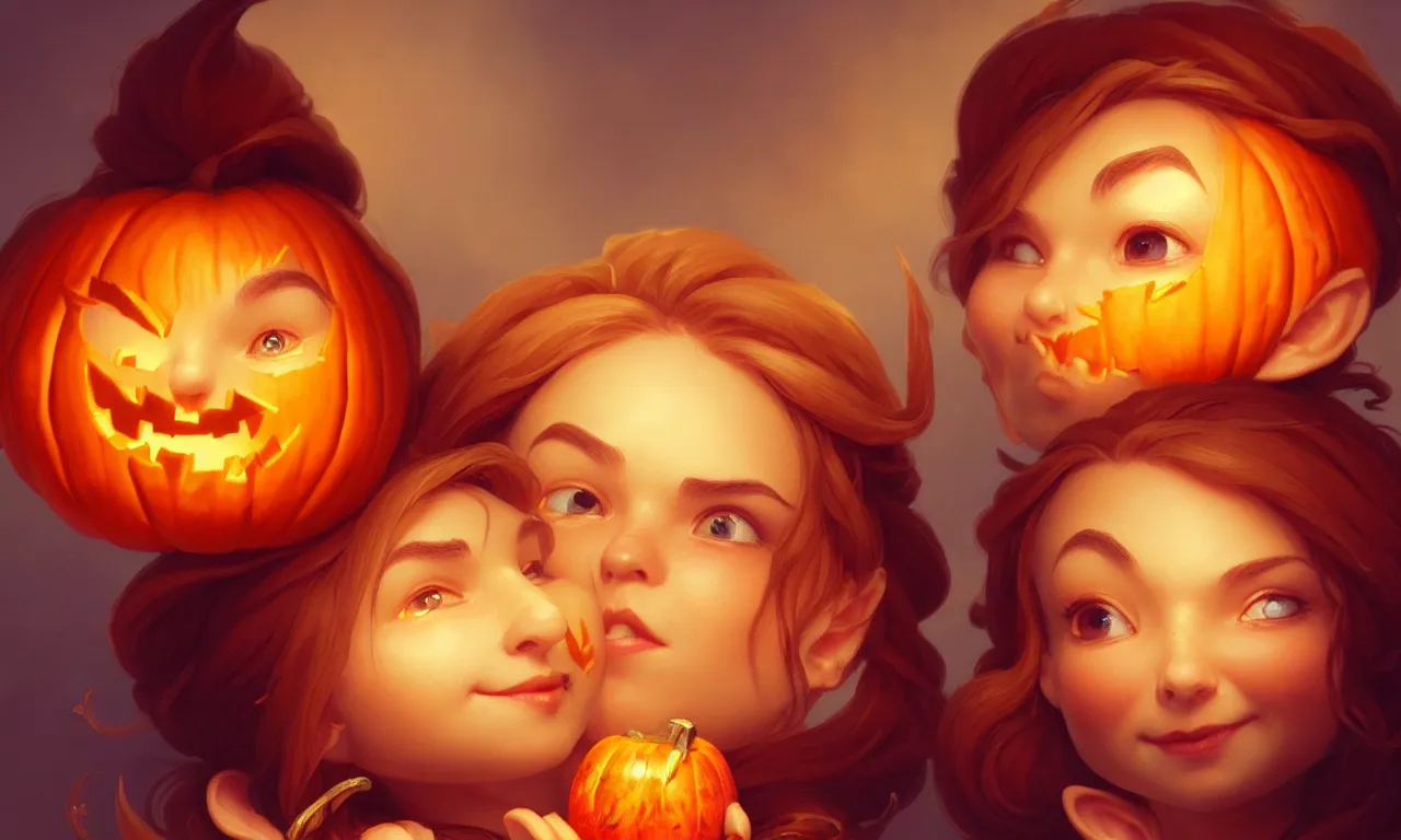 Image similar to hand drawn cute one gnomes face in autumn and pumpkin, detailed closeup face, concept art, low angle, high detail, warm lighting, volumetric, godrays, vivid, beautiful, trending on artstation, art by artgerm and greg rutkowski and alphonse mucha