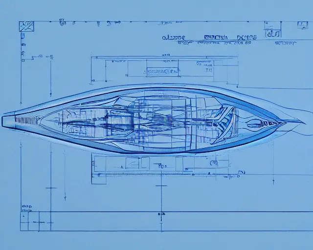 Image similar to blueprint of spaceship, technical drawing on blue paper, intricate detail, centered with clean background, studio lighting, 8 k