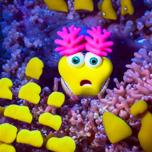 Image similar to 4k shot macro lence of a Spong that looks exactly as Spongebob inside a coral reef